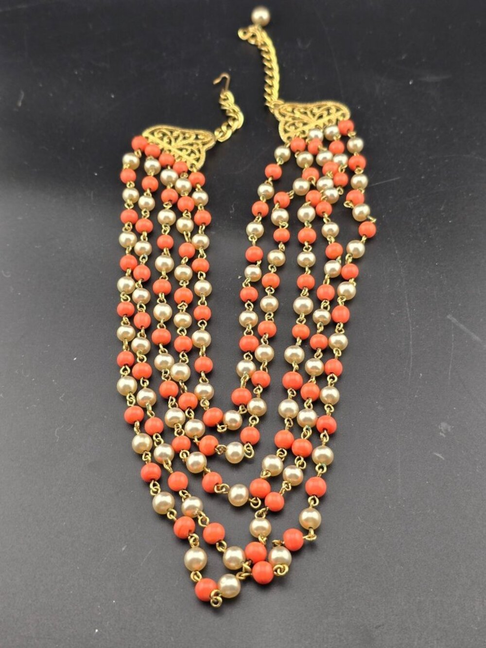 Faux Coral and Pearl Beads Necklace Gold Tone Multi-Strand 16" Adjustable Length - Picture 7 of 8